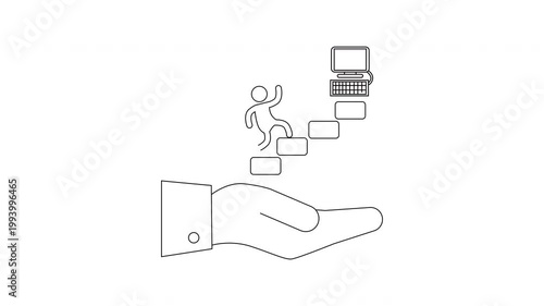 Hand holding career growth steps towards success and technology.