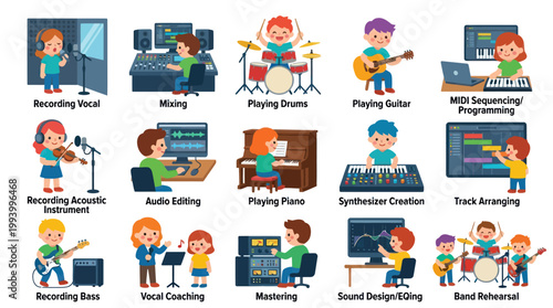 Children Learning Music Production Flat Vector Illustration Set: Studio Activities  Instruments