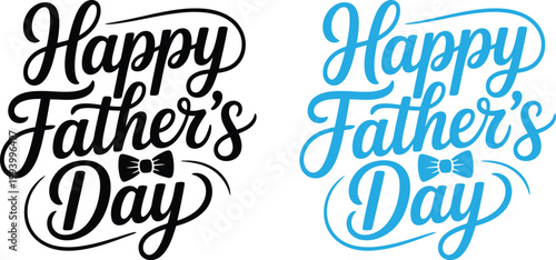 A charming pair of Happy Fathers Day greetings featuring a dapper bow tie icon in black and blue