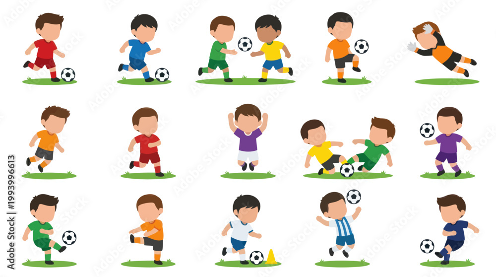 Fototapeta premium Happy Cartoon Kids Playing Soccer Football Flat Vector Illustration Set for Youth Sports