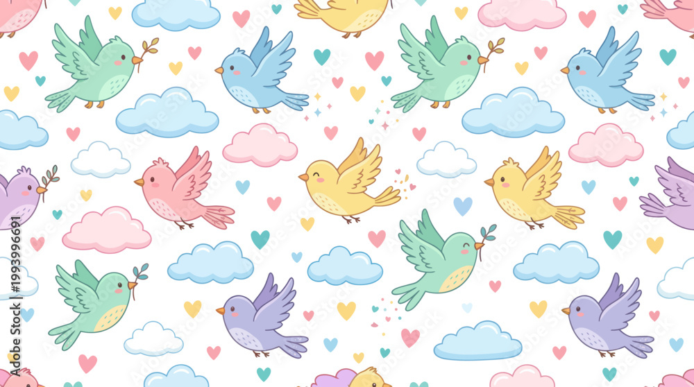 Obraz premium Cute Birds and Clouds Seamless Pattern, Vector Illustration, Flat Design