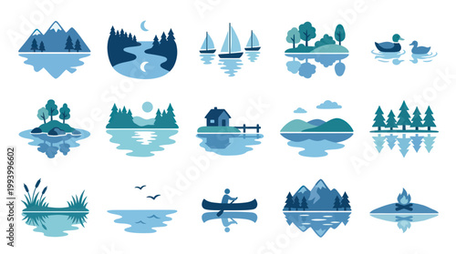 Flat Vector Nature Landscape and Outdoor Activity Icons Set with Water Reflections