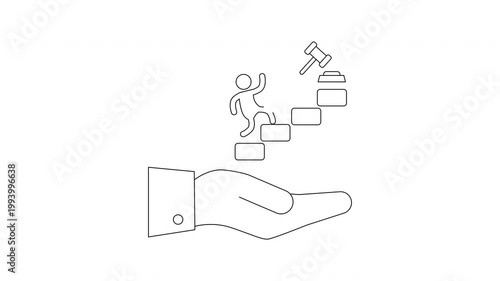 Hand Holding Person Climbing Stairs Towards Gavel Symbolizing Justice.