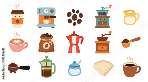 Cute Flat Illustration of Coffee Making Equipment and Drinks