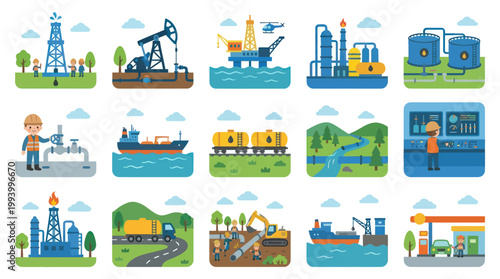 Oil and Gas Industry Flat Vector Icons Set: Energy Production, Transport  Consumption