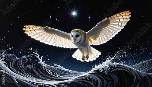 An owl with spread wings soars gracefully over stylized waves under a starlit night sky, illuminated by a bright star