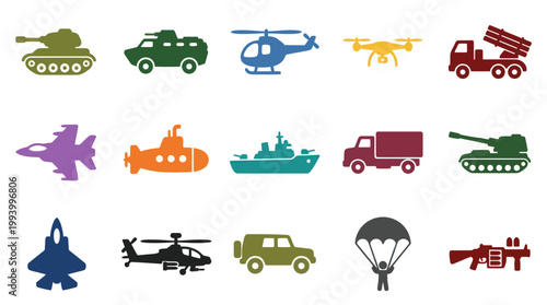 Flat Military Defense Vector Icons Set. Army, Navy, Air Force Vehicles, Weapons, Equipment
