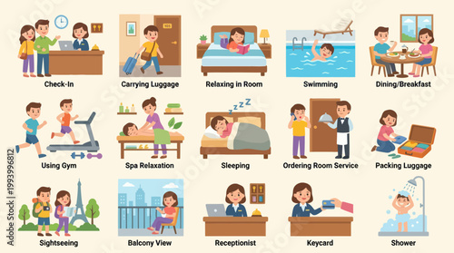 Hotel Services Vector Icons: Check-in, Room Service, Activities, Flat Style