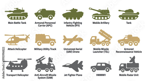 Army Military Combat Vehicles and Weapon Systems Flat Glyph Icons Collection