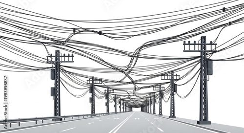 Overhead power lines and utility poles along a road.