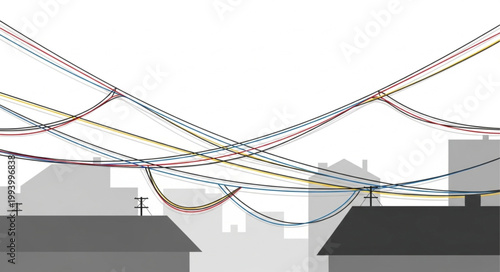 Overhead power lines connect city buildings and infrastructure.