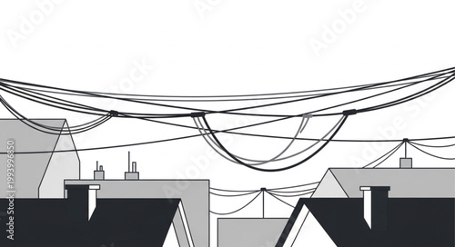 Overhead power lines crossing over rooftops illustration.