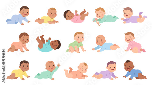 Diverse Babies Crawling and Playing, Flat Vector Illustration
