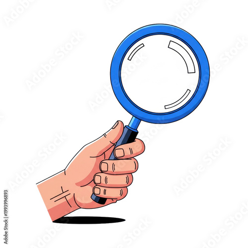 Stylized 2d flat graphic illustration of a cartoon hand holding a magnifying glass with a vibrant blue frame on a transparent background with copy space. Concept of searching and analytical discovery