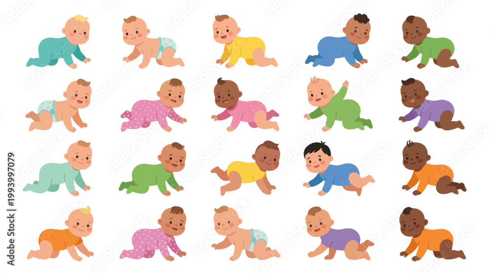 Obraz premium Diverse Babies Crawling Illustration Set. Child Development, Early Childhood Vector Art.