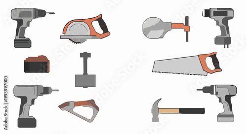 Comprehensive collection of professional power and hand tools including electric drills circular saw handsaw hammer and accessories for construction vector illustration