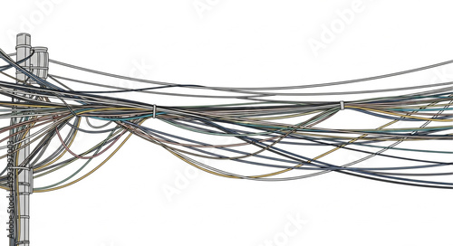Tangled electrical wires on a utility pole against a white background.