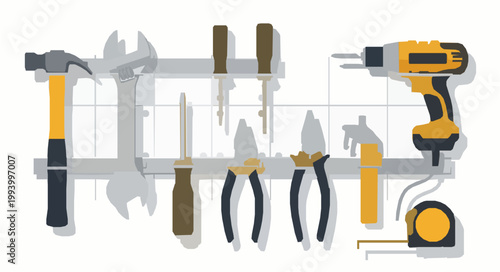 Professional workshop tool organizer with electric drill hammer screwdriver wrench and measuring tape on wall rack vector illustration for construction and repair