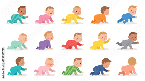 Flat Style Vector Illustration of Diverse Babies Crawling in Various Outfits