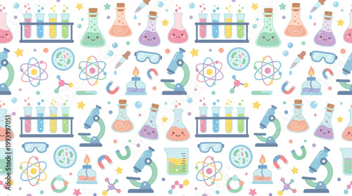 Cute Science Education Vector Seamless Pattern with Cartoon Lab Equipment