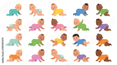 Diverse Babies Crawling Illustration Set. Child Development, Early Childhood Vector Art.