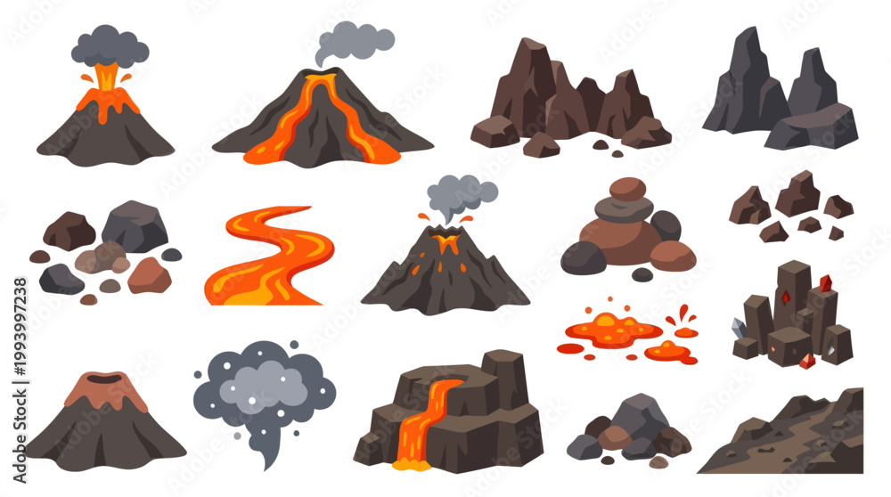 Fototapeta premium Geology Volcanoes Flat Cartoon Vector Illustration Set with Lava Flows, Rocks Smoke