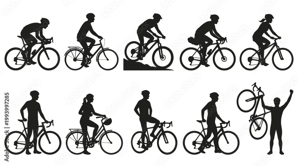 Naklejka premium Black White Cycling Silhouette Vector Illustrations: Bicycle Riders and Sports