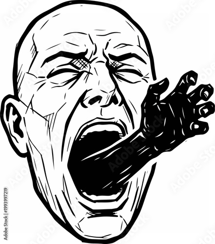 Angry man with fist in mouth.