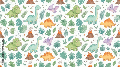 Cute Watercolor Dinosaurs Seamless Pattern - Prehistoric Jungle Kids Illustration