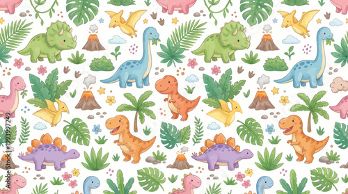 Cute Dinosaur Pattern with Volcanoes and Tropical Leaves