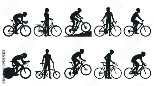 Black and White Silhouettes of Cyclists on Bicycles, Stock Vector Art