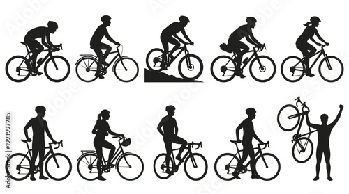 Black  White Cycling Silhouette Vector Illustrations: Bicycle Riders and Sports