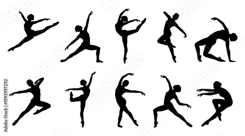 Ballet Dancers Silhouettes - Elegant Poses Black  White Vector