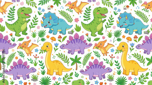 Cute cartoon dinosaurs and plants seamless pattern for kids