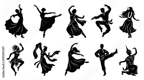 Silhouette dancers performing various traditional and modern styles in black and white