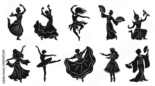 Diverse dancers in silhouette, multicultural traditional folk and ballet poses