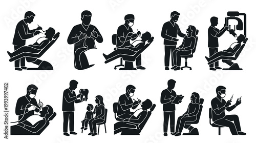 Dental Care Glyph Icons Set. Dentist and Patient Silhouettes in Medical Clinic. Healthcare Procedures.