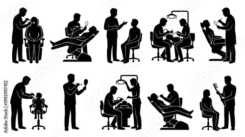 Black  White Dental Care Silhouette Icons Set - Dentist, Patient, Oral Health