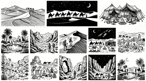 Desert Landscape Caravan Camel Caravan Night Stars Oasis Tent Art