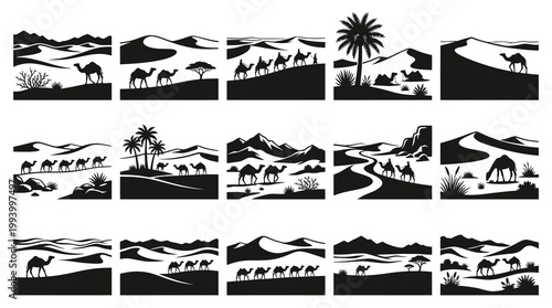 Desert Caravan Camels Silhouette Vector Pack, Arabic Landscape Art