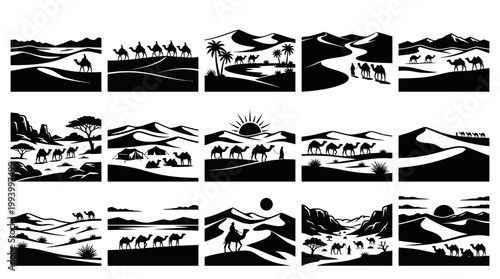Desert Travel Camel Caravan Silhouette Vector Icons Set