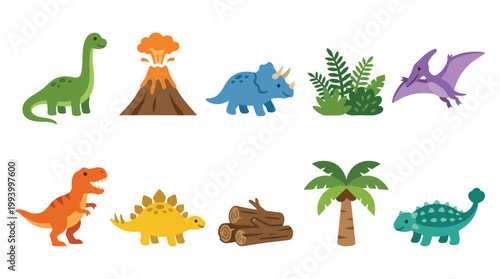 Flat Style Dinosaur Icons: Prehistoric World with Volcano, Plants  Palm Tree