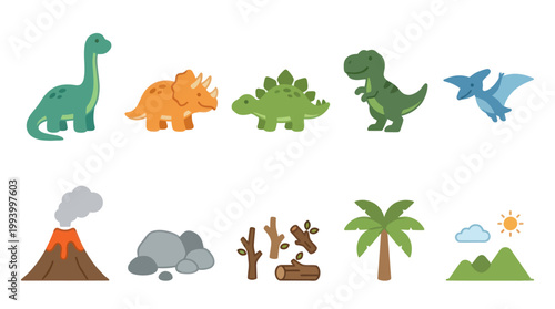 Flat Style Cartoon Dinosaurs and Prehistoric Elements Vector Icon Set