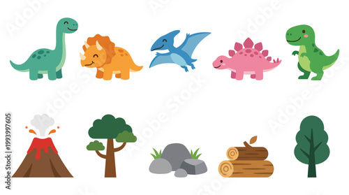 Cute Cartoon Dinosaurs and Jurassic Elements Set, Flat Design