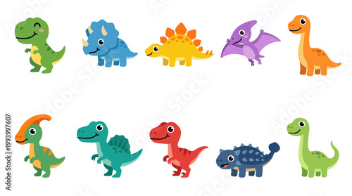 Cute Cartoon Dinosaurs Collection, Flat Vector Illustration