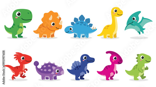 Cute Cartoon Dinosaurs Collection, Vector Illustration, Flat Style