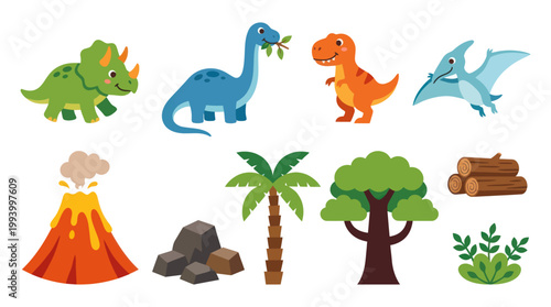 Cute Cartoon Dinosaurs and Prehistoric Elements Vector Illustration