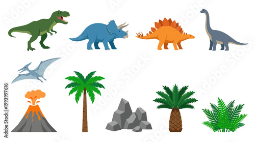 Flat Vector Dinosaur Icons and Jurassic Landscape Elements