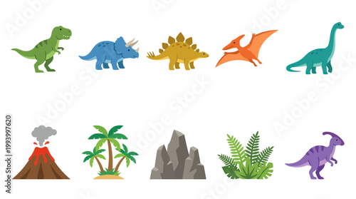 Flat Design Prehistoric Dinosaurs and Natural Landscape Elements Vector Collection