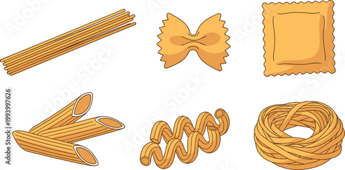 Pasta Icon Set Featuring Spaghetti, Penne, Farfalle, Ravioli, Fusilli, and Nest Noodles for Italian Cuisine, Cooking, Food Packaging, and Menu Design
